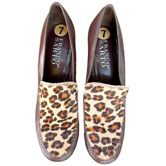 Franco Sarto Brown Leather Cheetah Calf Hair Print Block Heel High Heels Size 7 - Picture 1 of 5